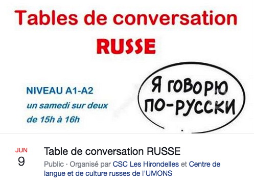 Bannière Facebook. Nivelles. Table de conversation russe. Organisée par CSC Les Hirondelles. 2018-06-02